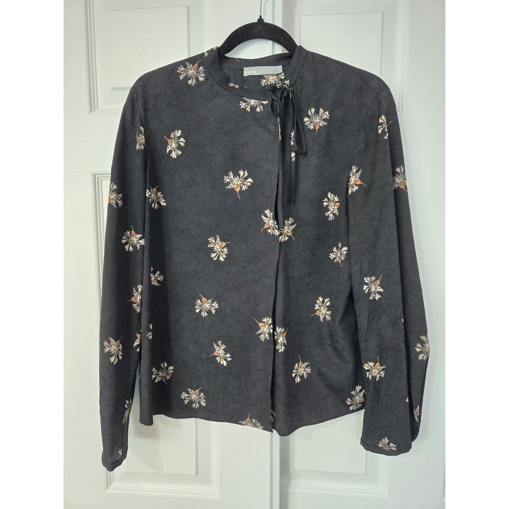 Vince Black High Tie Neck Blouse Long Sleeve‎ S Floral Event